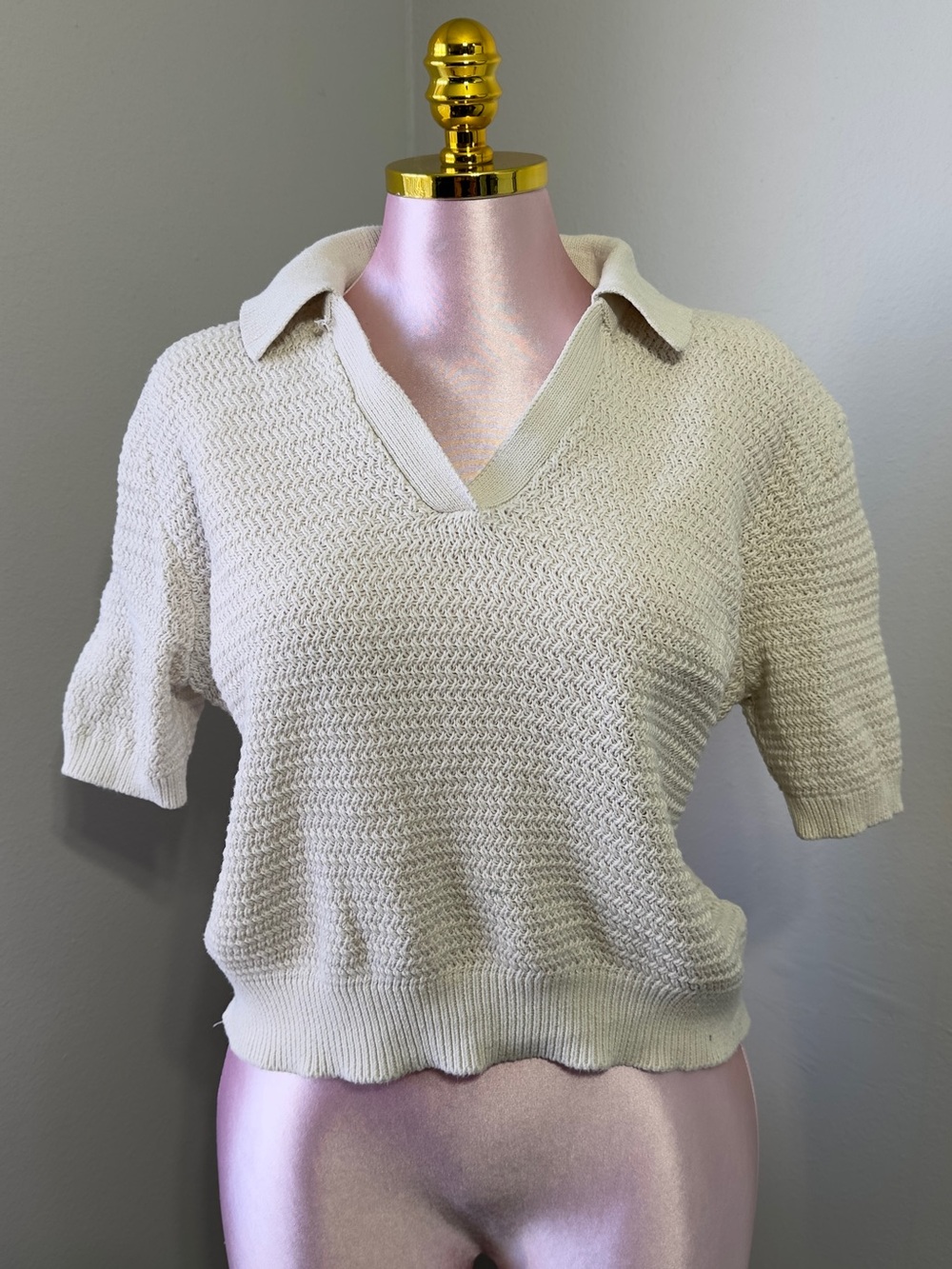 French Connection Cream V-Neck Short Sleeve Knit Polo Sweater